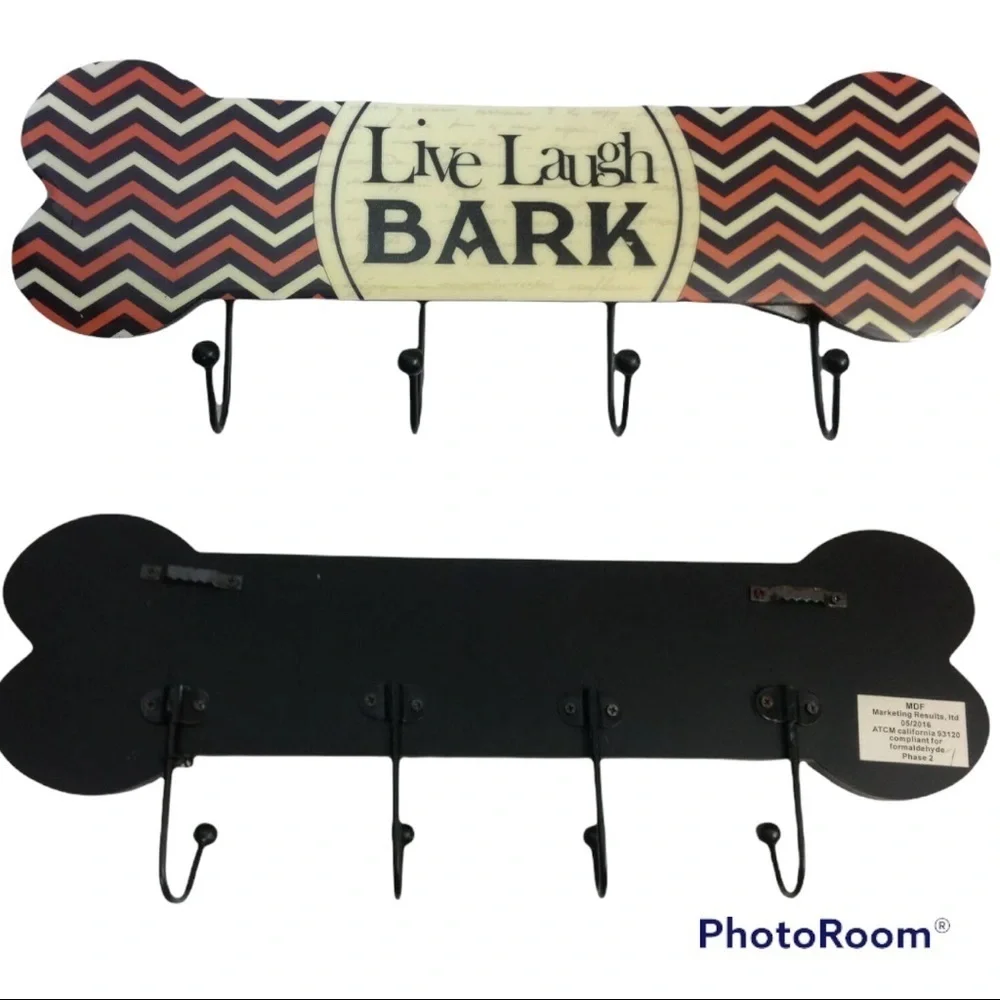 Dog Bone Shape Wall Plaque Wall Hooks Decorative Lacquer 4 Metal Hooks 7” X 16”